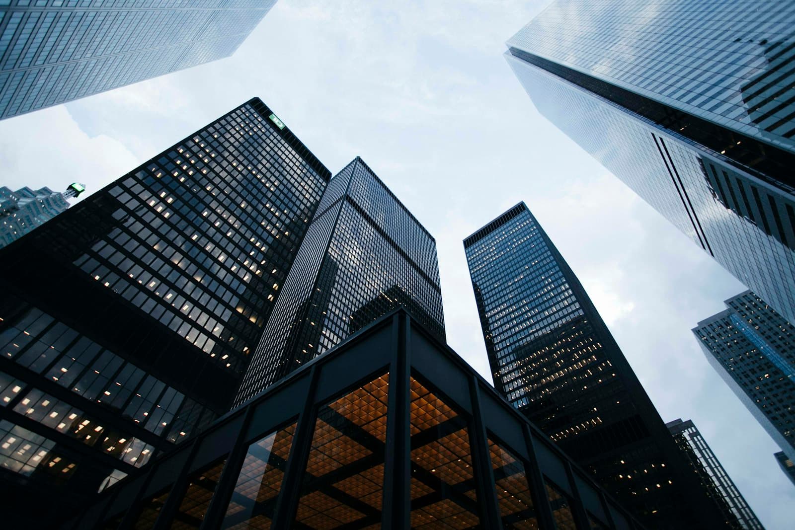 Commercial towers seen from street level