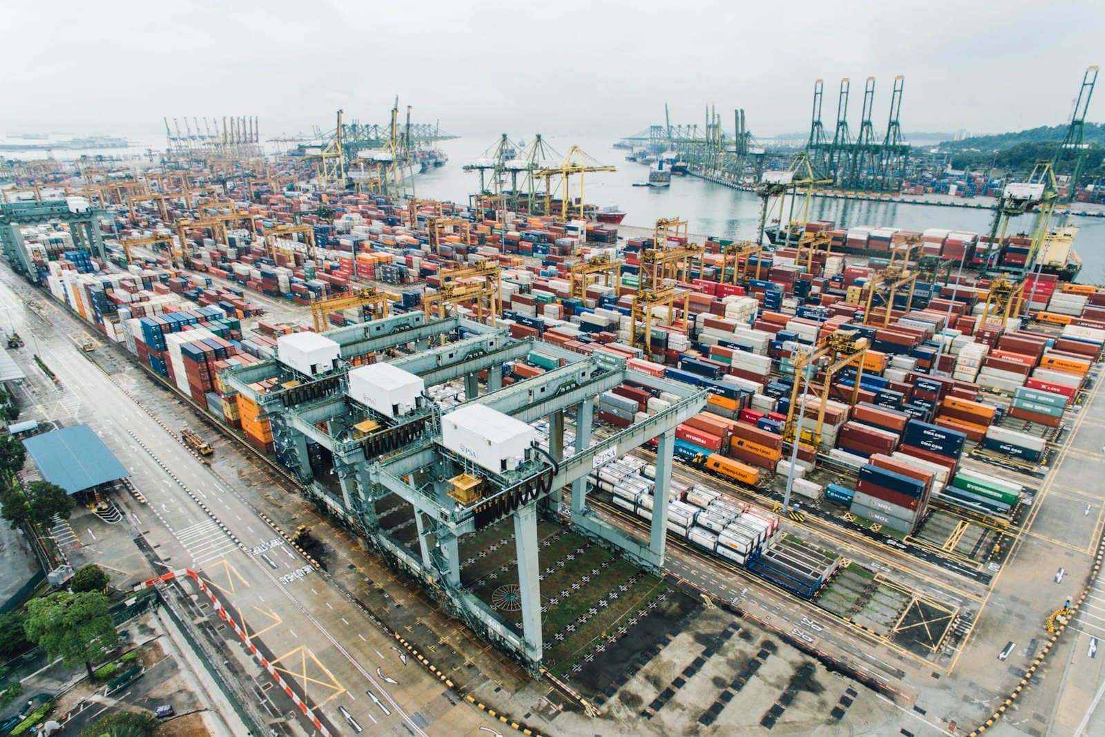 An aerial view of a container port