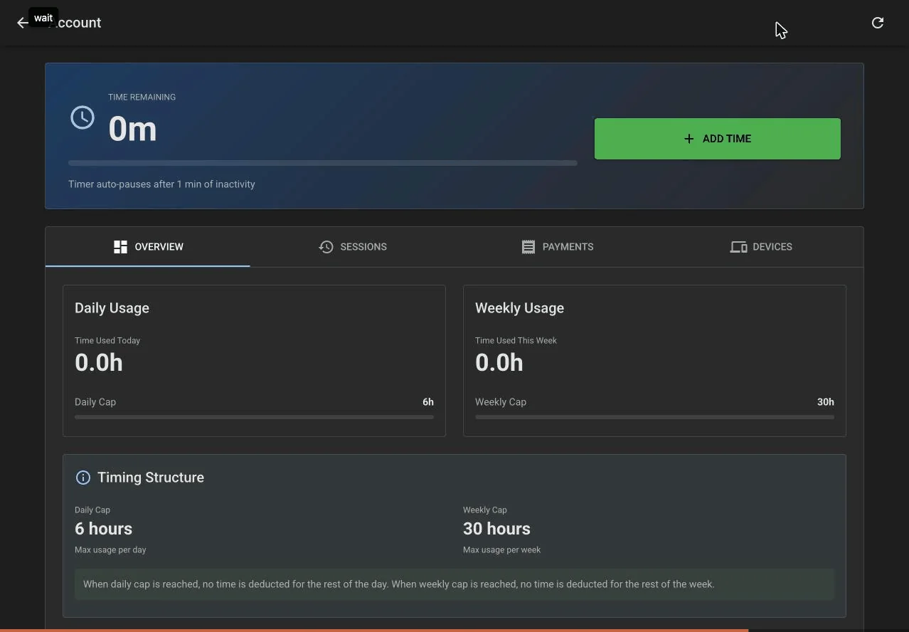 The account overview showing a usage timer, daily and weekly usage, and the timing structure