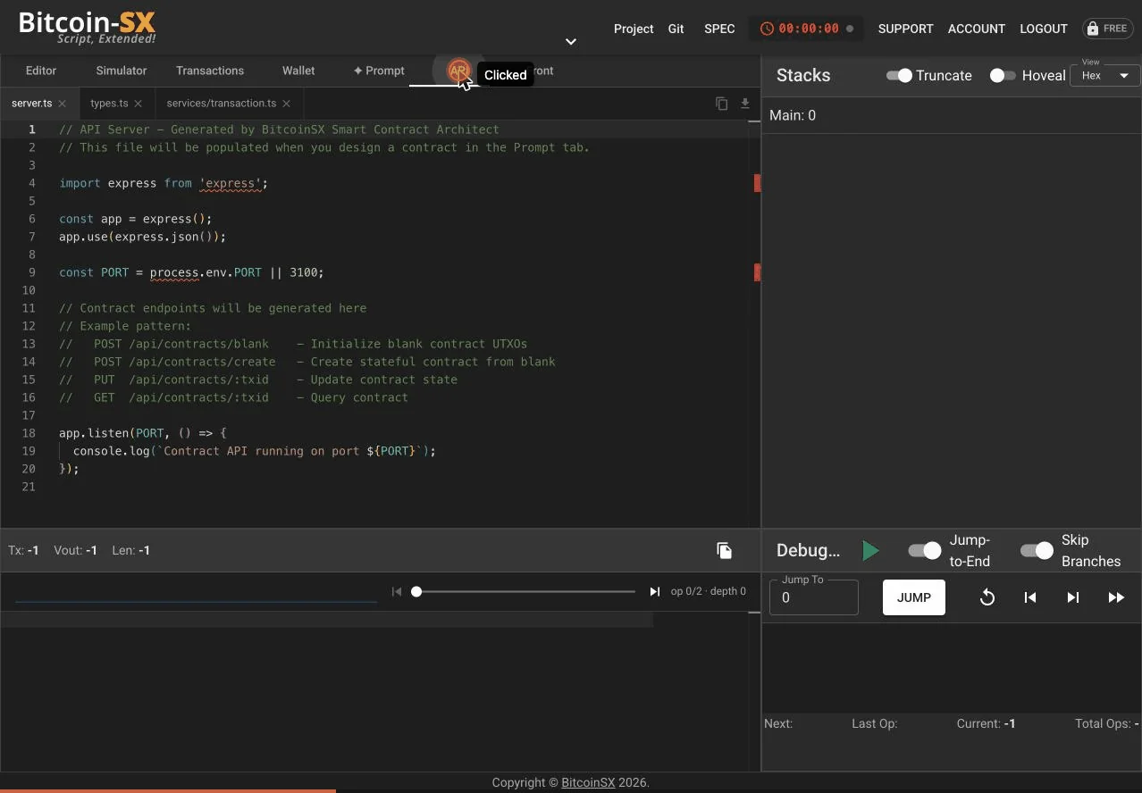 The API tab showing generated server.ts endpoints for a contract