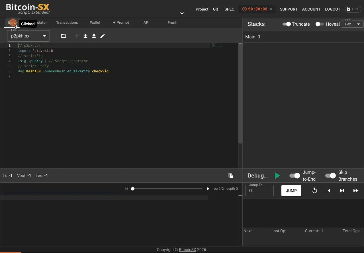 The Bitcoin-SX editor showing p2pkh.sx source alongside the stack panel