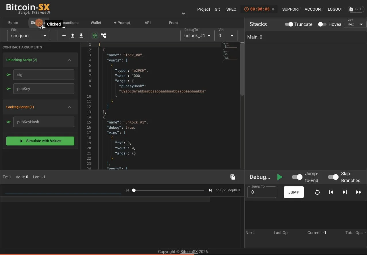 The simulator showing a contract-arguments panel beside the stack view